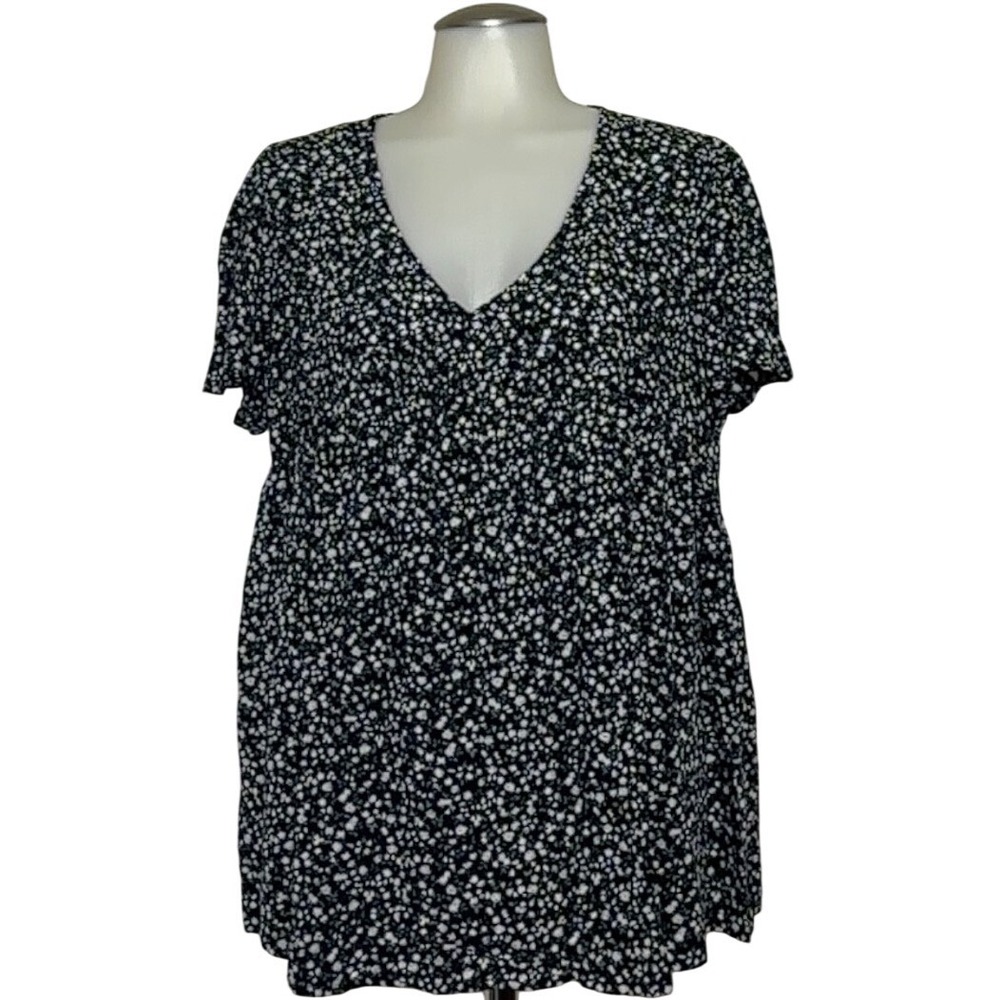 Chouyatou Floral V-Neck Blouse Womens Large Navy Blue New Short Sleeve Rayon Top